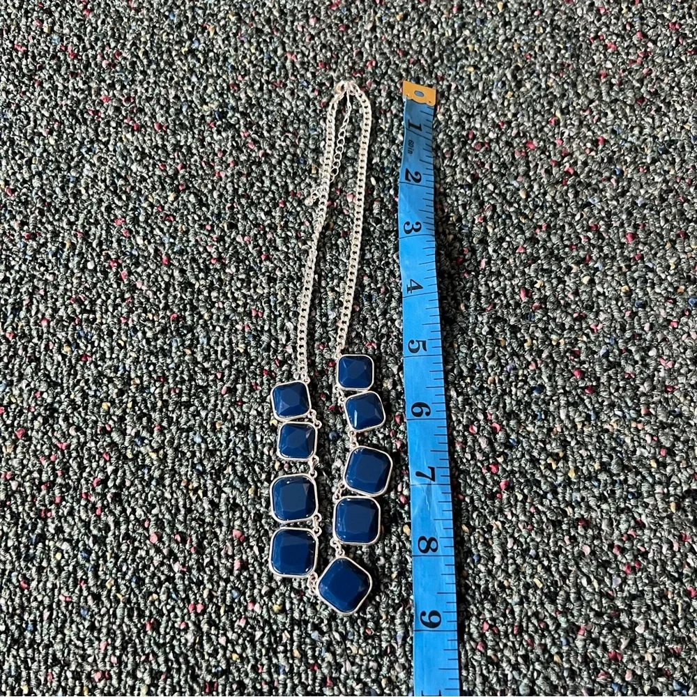 Vintage 2010s Square Cut Navy Blue Stone Bezel Facets Silver Statement Necklace